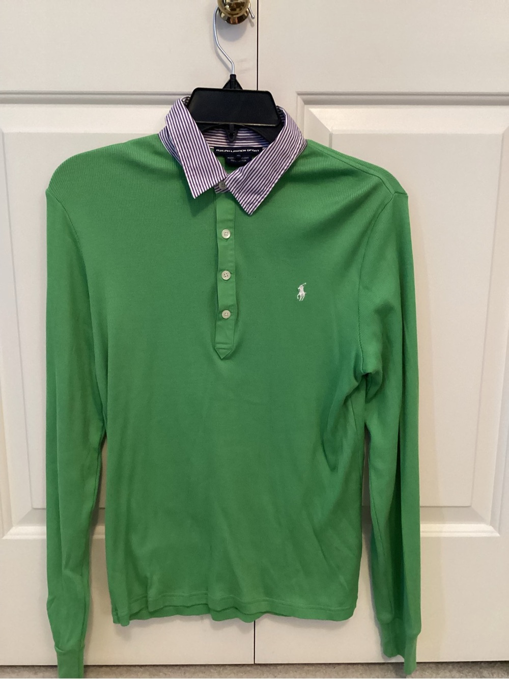 Ralph Lauren Green Long-Sleeve Polo with Striped Purple Collar
